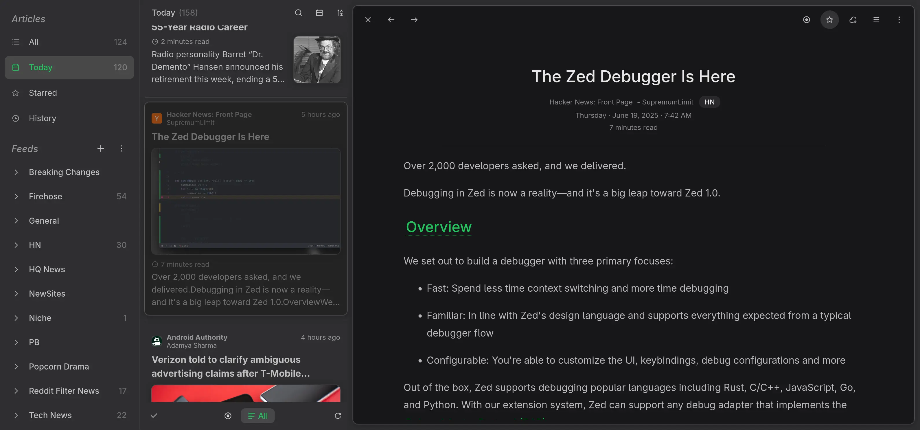 Screenshot of the miniflux web interface